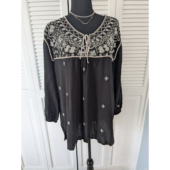 Tantrum Top Womens Sz XXL Black Cream Gold Embroidery Boho Beaded Peasant Blouse - Picture 1 of 13
